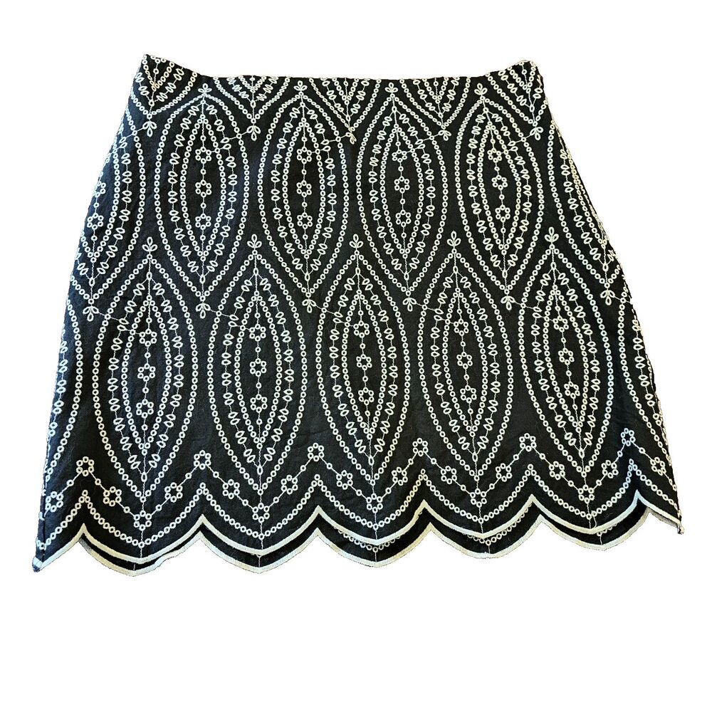 LOFT embroidered scallop hem mini skirt size 12 black boho geometric preppy